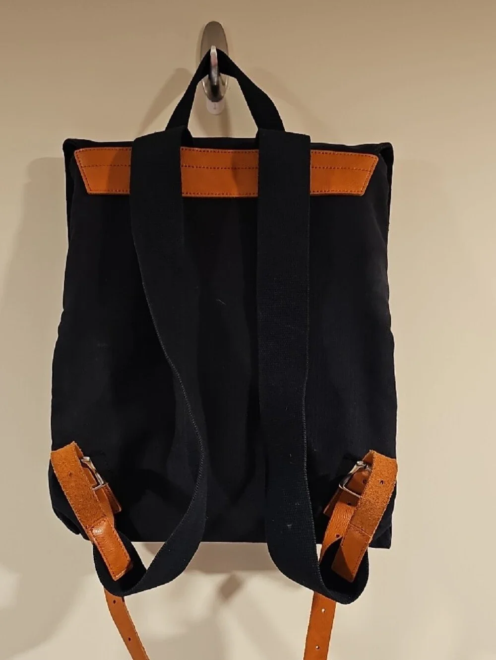 Black Canvas Backpack with Tan Leather Trim - Casual Everyday Pack